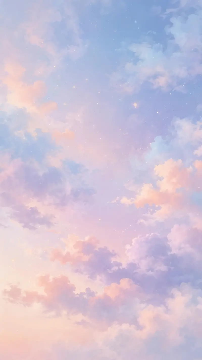 Dreamy pastel clouds in peach, lavender and baby blue drift across a soft gradient sky, tiny stars fading in, vertical 9:16 composition. Ethereal