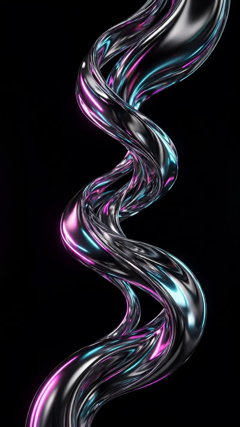 Liquid chrome ribbons twist through a black void, reflecting distorted neon streaks of magenta and cyan, vertical 9:16 composition with elegant
