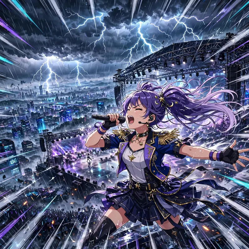 Dynamic anime key visual of an idol singer belting the final chorus, drawn in vibrant cel-shaded anime style. Stormy lightning flashes washes the