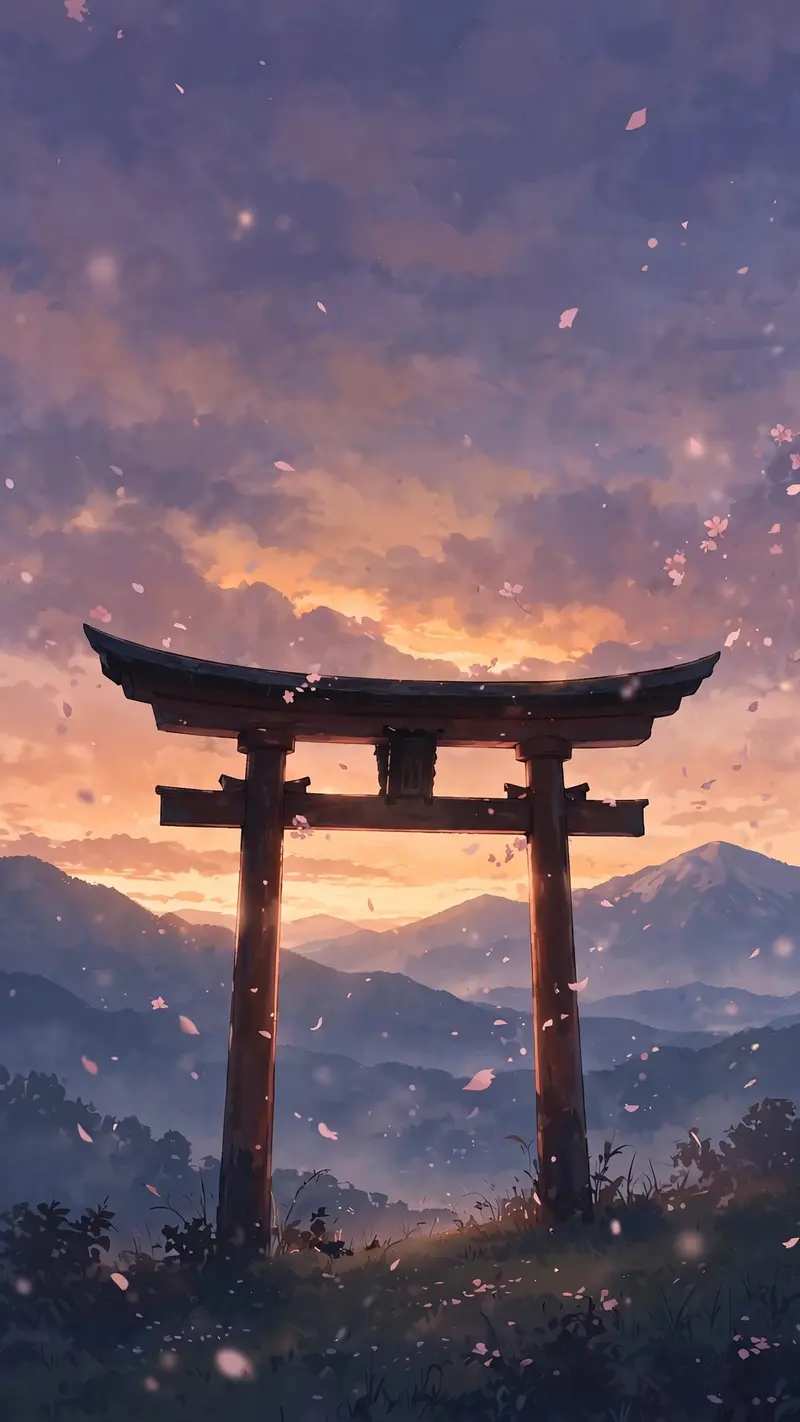 A vermilion torii gate silhouetted against a dusky purple-orange sky, cherry blossom petals drifting, distant mountains, vertical 9:16 composition