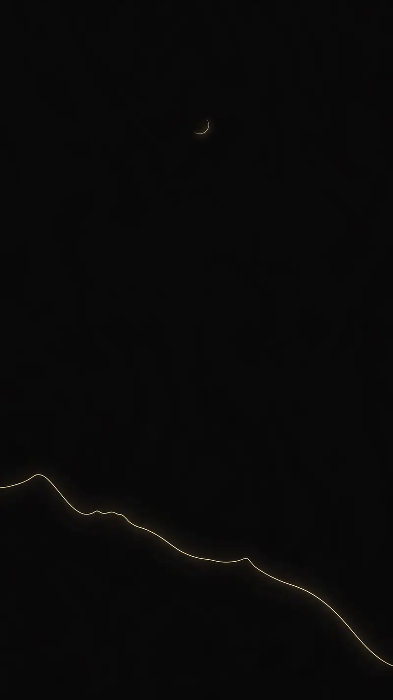 One thin glowing gold line traces a mountain horizon across a deep black canvas, a tiny crescent moon above, vertical 9:16 with vast empty space