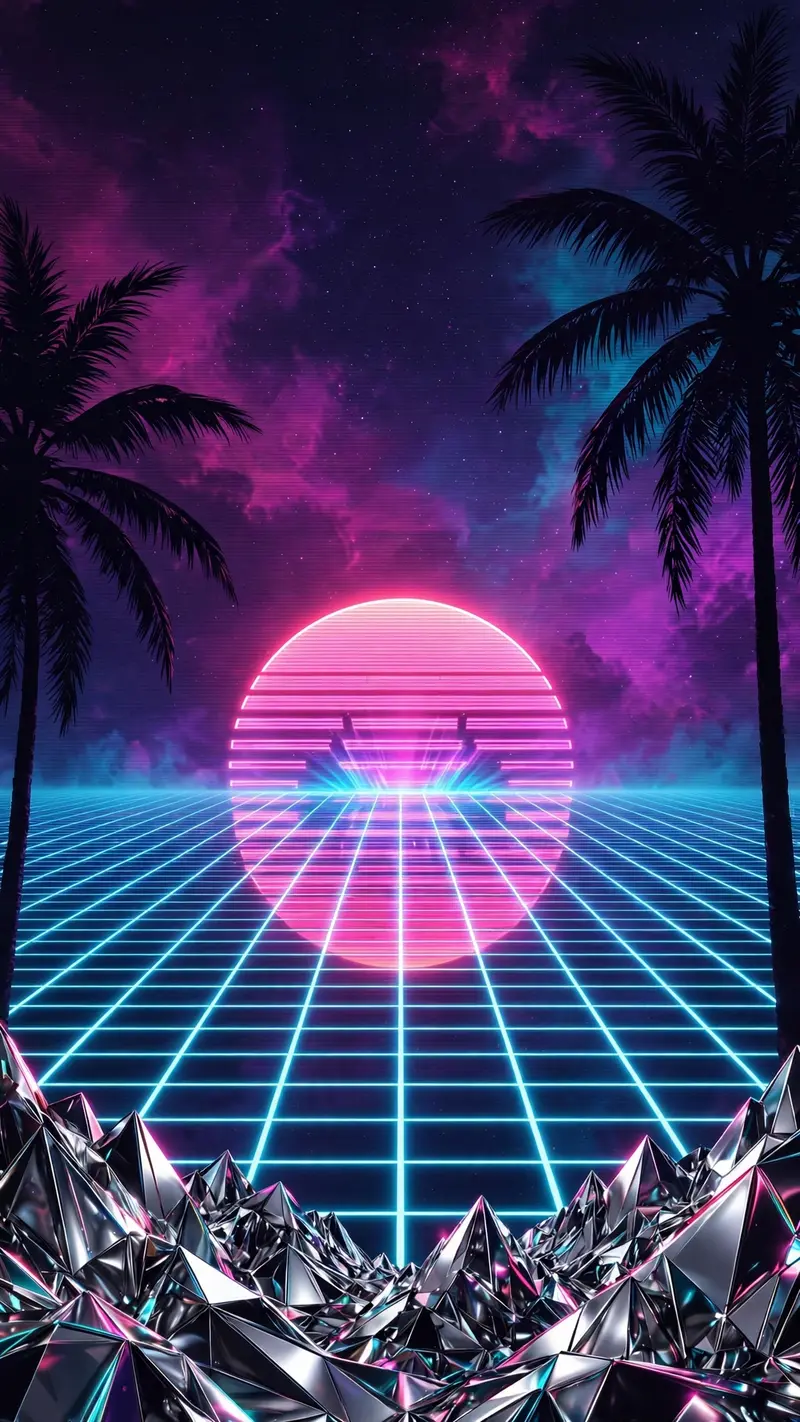 A retro vaporwave sun sinks into an infinite neon grid, palm silhouettes on the sides, chrome mountains below, vertical 9:16 composition. 80s