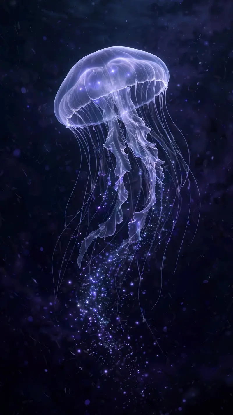 A luminous jellyfish drifts upward through pitch-black deep water, tentacles trailing glowing particles, vertical 9:16 composition with the creature