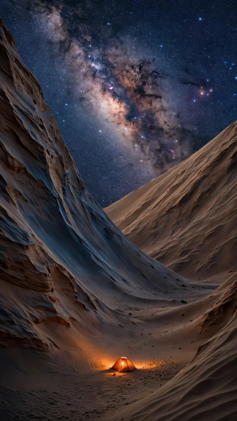 Towering sand dunes under a blazing Milky Way, a tiny lone tent glowing warm orange in the valley, vertical 9:16 framing. Nightscape photography