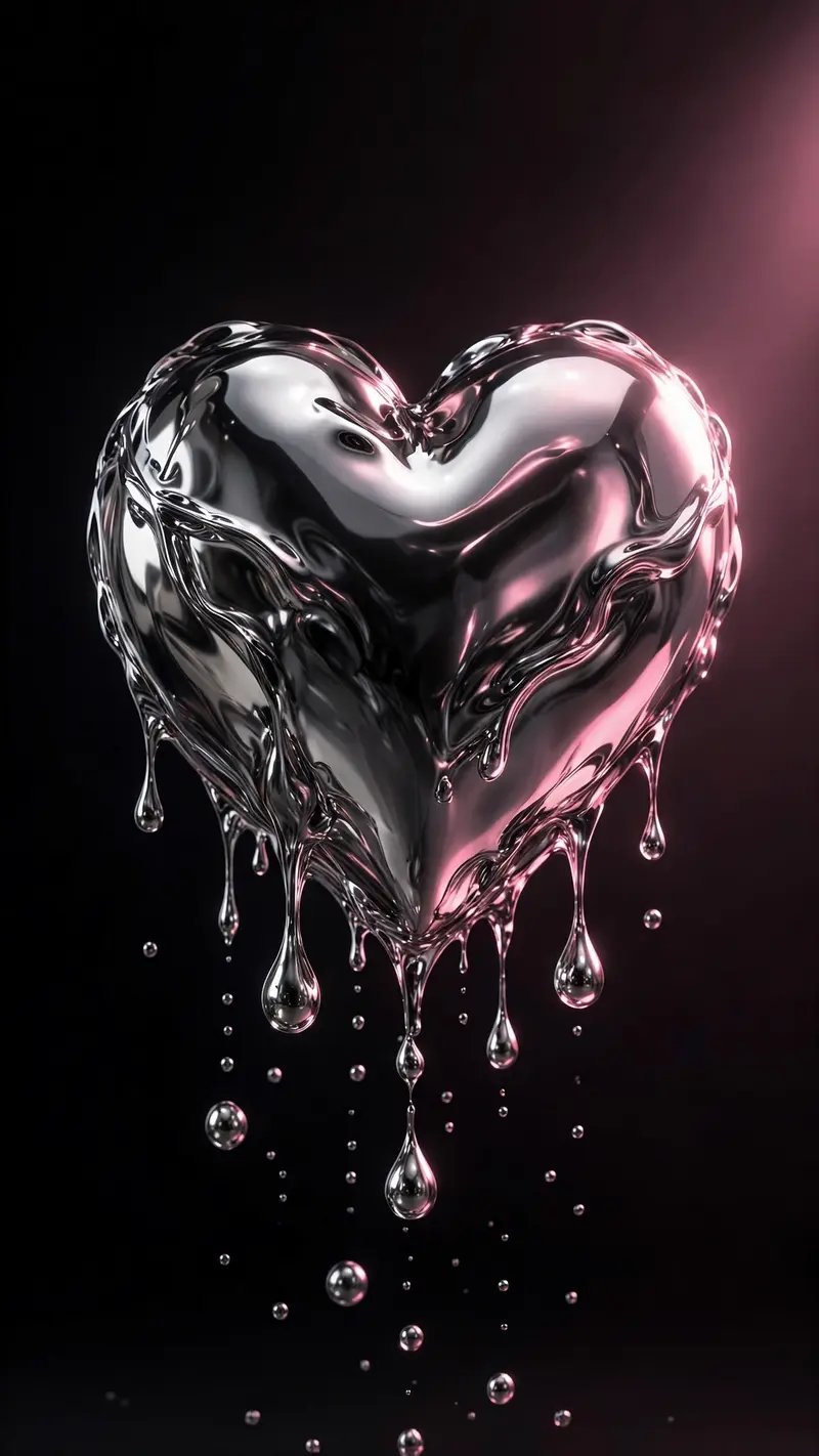A glossy liquid-chrome heart floats in a dark void, dripping mercury droplets, reflecting soft pink studio light, vertical 9:16 centered composition
