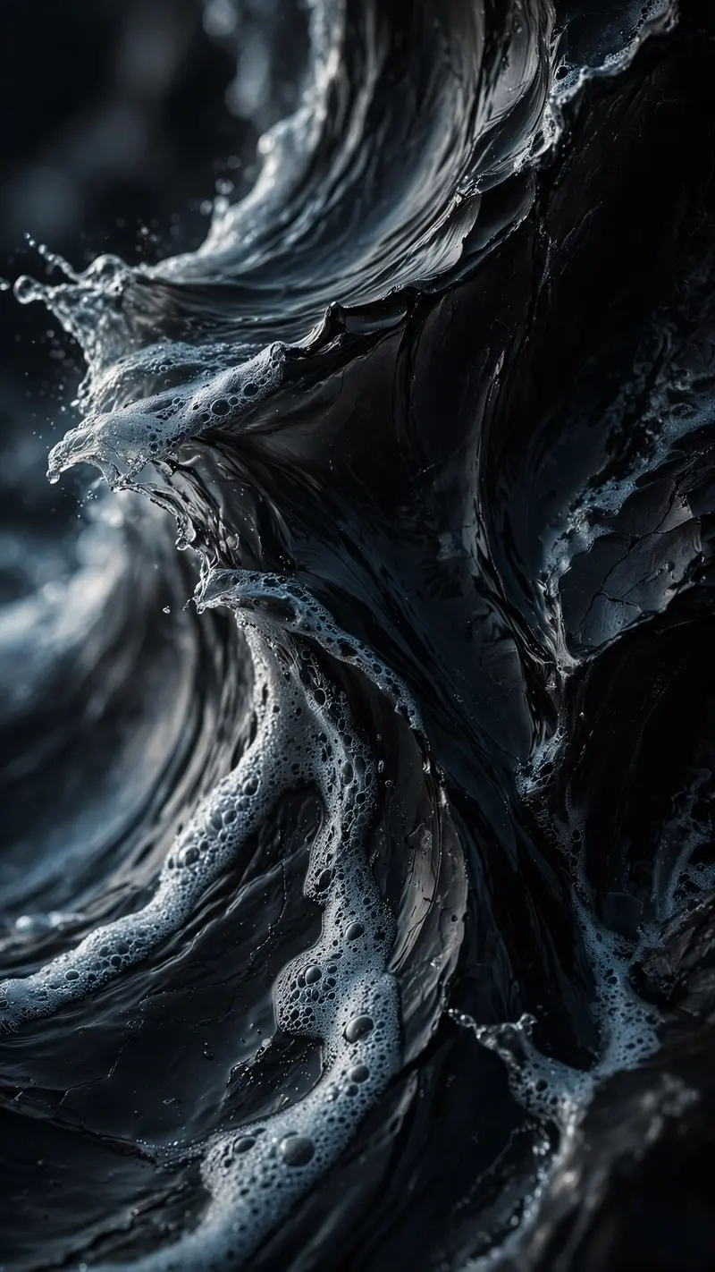 Dark obsidian waves with silver foam edges crash in slow motion, extreme macro detail, vertical 9:16 abstract composition. Fine art photography