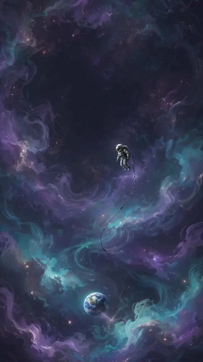 A tiny astronaut floats among swirling purple and teal nebulae, tether trailing, Earth a small blue marble below, vertical 9:16 composition. Space