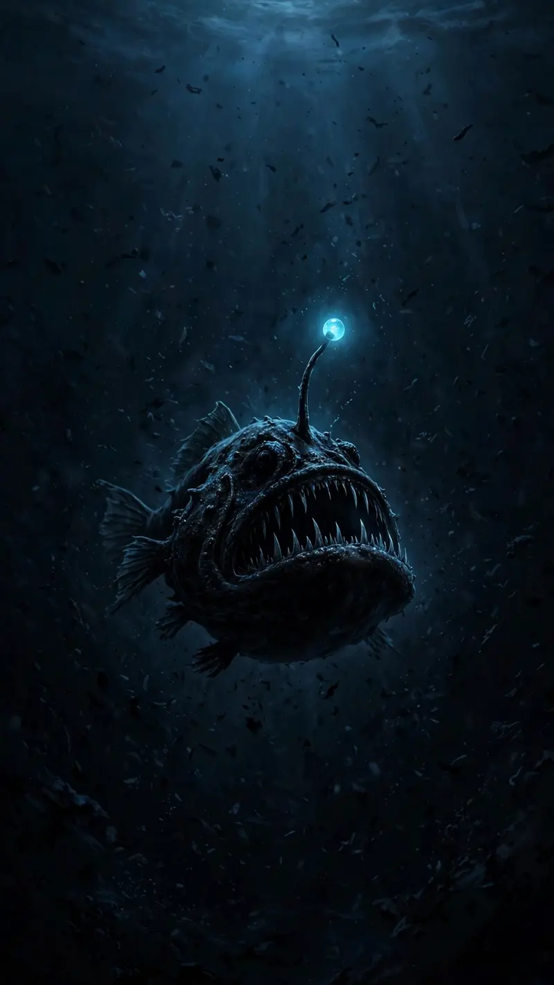 An anglerfish glows in the crushing black of the deep sea, tiny particles drifting, faint blue light from above, vertical 9:16 composition. Dark