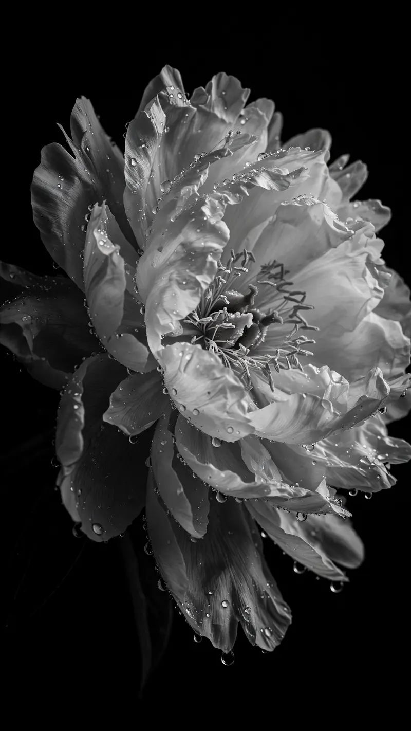 A single white peony blooms in extreme detail against pure black, water droplets on petals, vertical 9:16 macro composition. Fine art black and white