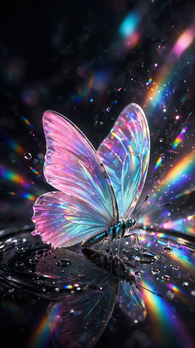 An iridescent holographic butterfly with wings shifting pink to cyan rests on dark glass, light refracting around it, vertical 9:16 composition. 3D