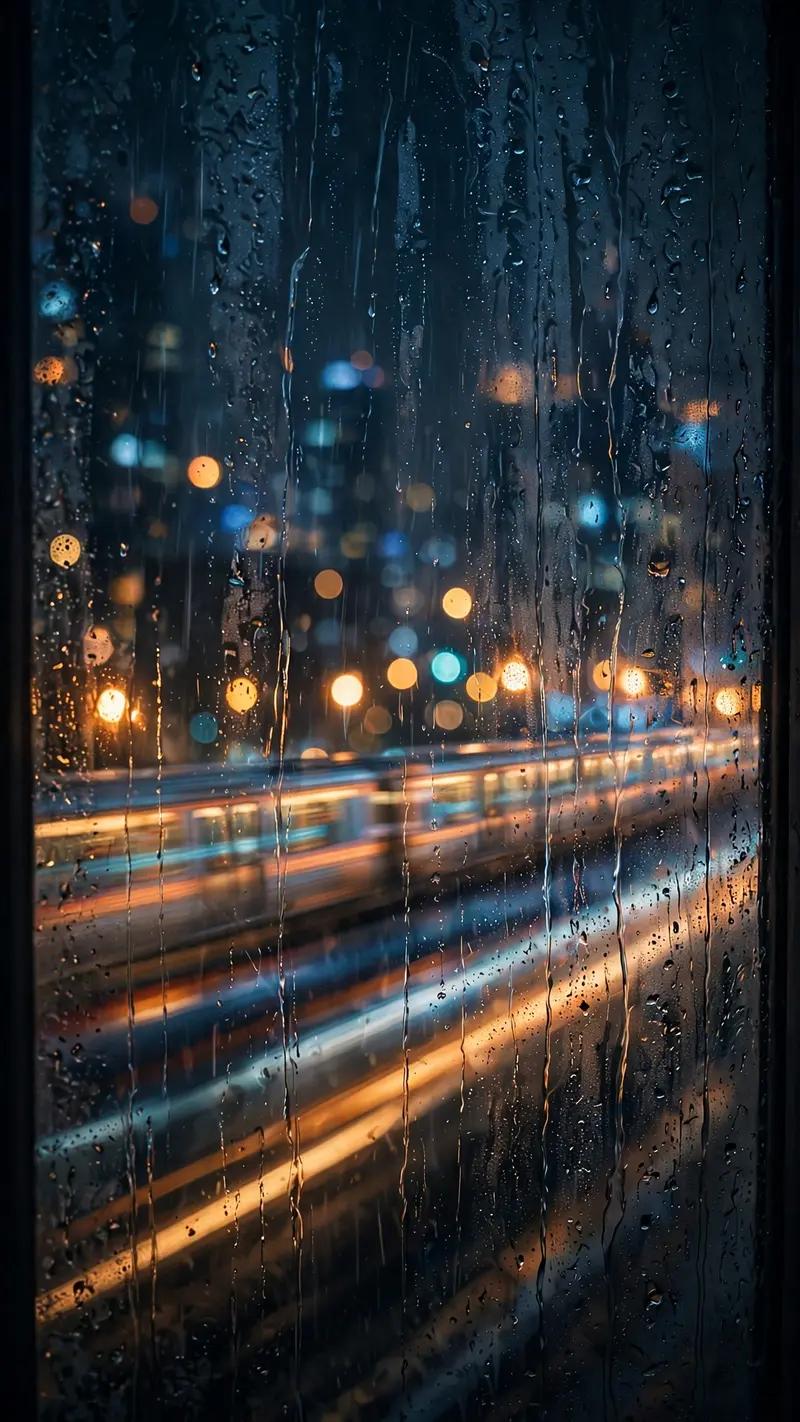 Rain-streaked window overlooking a blurred neon city at night, bokeh lights in amber and blue, a distant train of light trails, vertical 9:16
