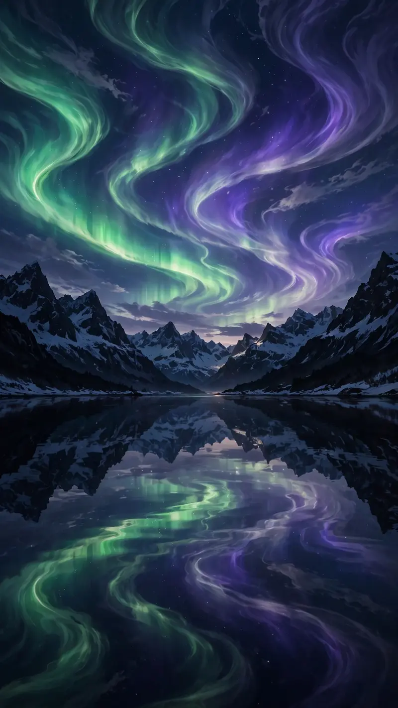Green and violet aurora ribbons dance over still fjord waters reflecting the lights, snowy peaks silhouetted, vertical 9:16 composition. Nightscape
