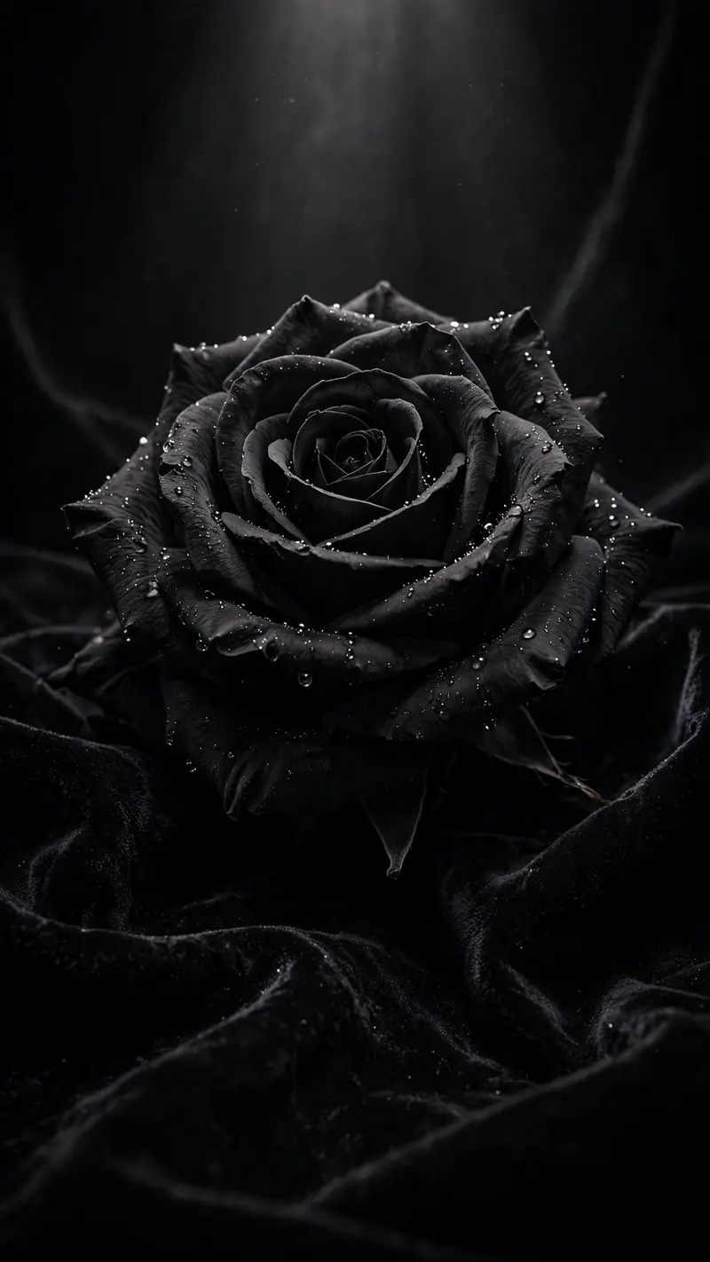 A matte black rose with dew drops on dark velvet, single dramatic spotlight from above, vertical 9:16 composition. Dark fine-art photography