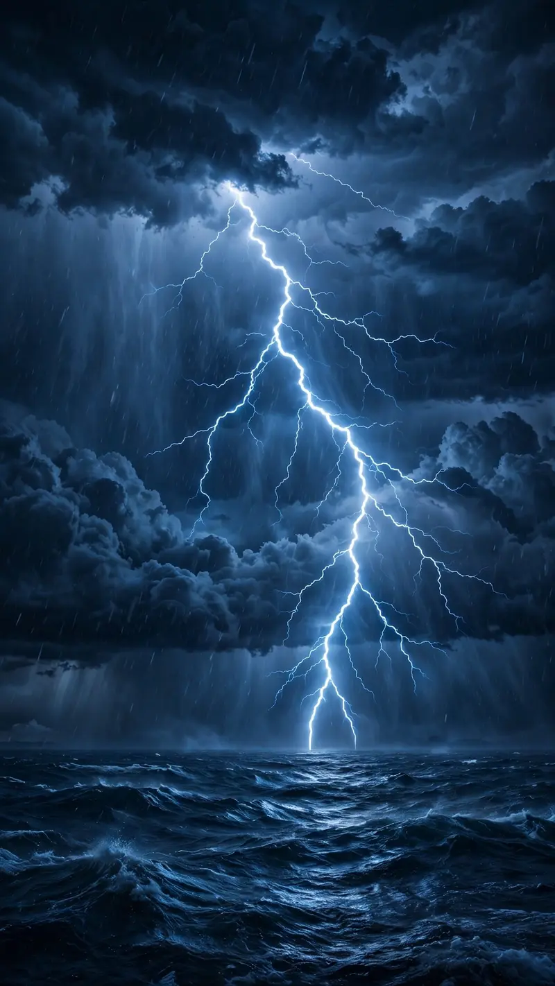 A branching bolt of electric blue lightning strikes over a dark ocean horizon, rain clouds churning, vertical 9:16 dramatic composition. Storm