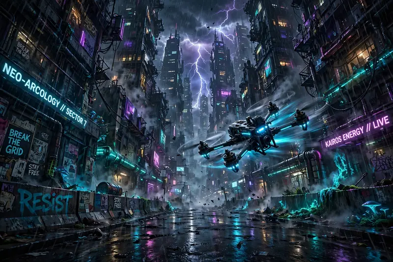Cinematic frame of a drone racer weaving between skyscrapers, rendered in dark tech-noir illustration amid towering megacity blocks. Bioluminescent