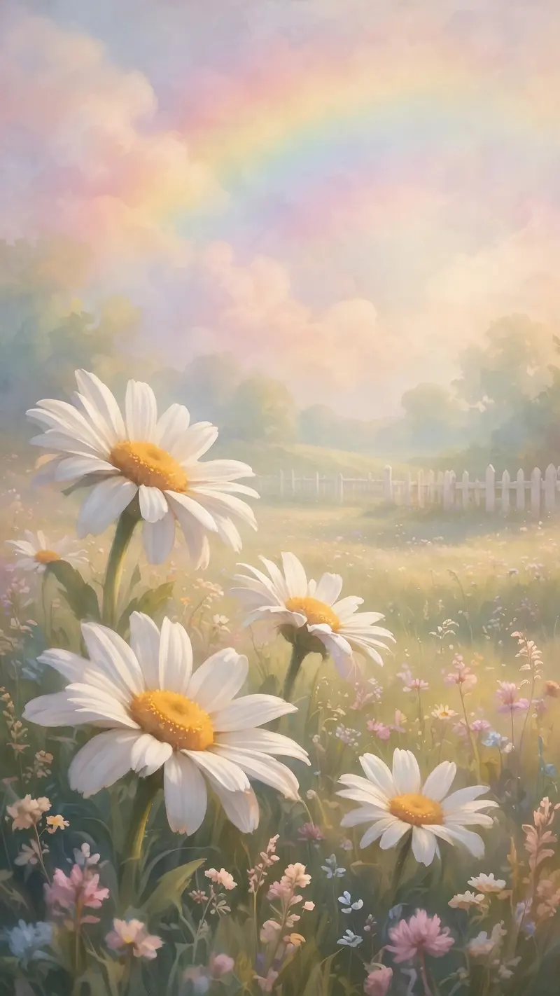 A sunlit meadow with oversized daisies and a hazy rainbow sky, slightly surreal soft focus, a distant white picket fence, vertical 9:16 composition