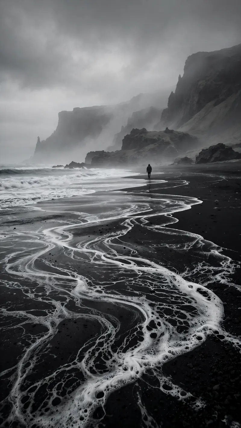 Black volcanic sand with white foam patterns, a lone figure walking toward misty cliffs, dramatic overcast sky, vertical 9:16 composition. Moody