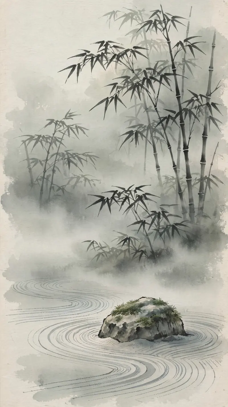 A raked sand zen garden with a single mossy stone emerging from morning mist, bamboo silhouette behind, vertical 9:16 minimal composition. Japanese