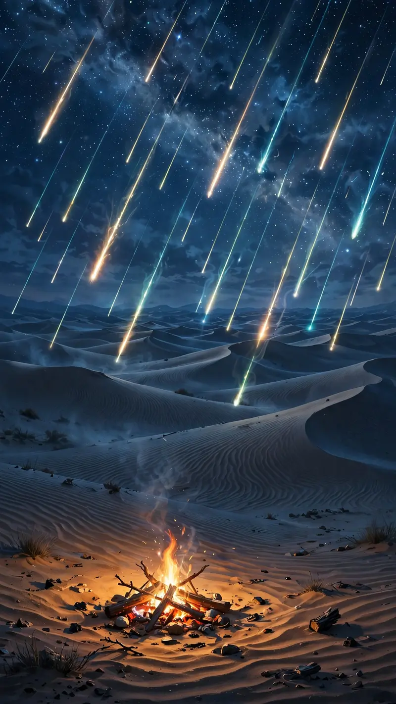 Meteor streaks rain over rippled desert dunes, a small campfire glowing in the foreground, vertical 9:16 composition. Nightscape digital painting