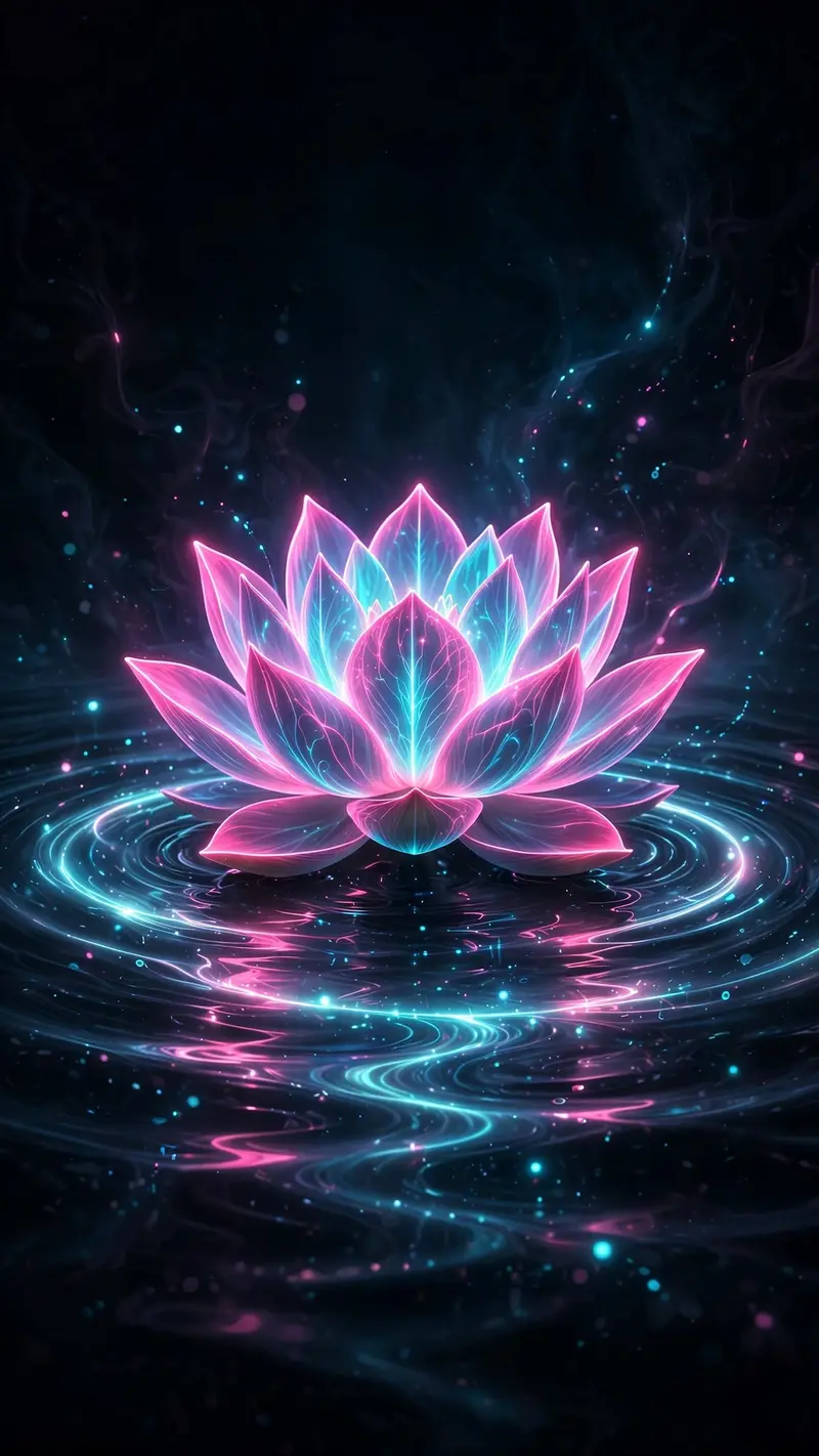 A lotus flower glowing neon pink and cyan blooms on black water, ripples of light spreading, vertical 9:16 centered composition. Digital neon art
