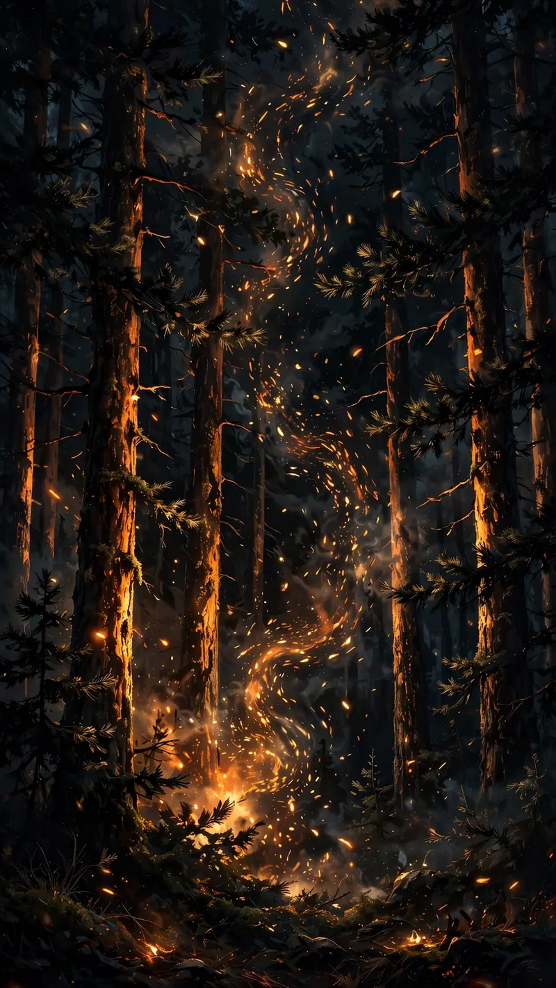 Glowing embers and sparks rise through a dark pine forest at night, orange light flickering on trunks, vertical 9:16 composition. Dramatic digital