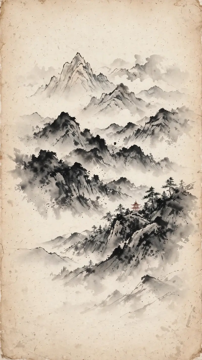 Traditional East Asian ink wash mountains fade into white mist, a tiny red pagoda accent, vertical 9:16 scroll-like composition. Sumi-e inspired