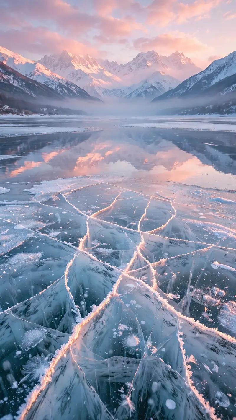 A perfectly frozen lake mirrors pink dawn clouds and snowy peaks, cracks in the ice catching light, vertical 9:16 composition. Landscape photography