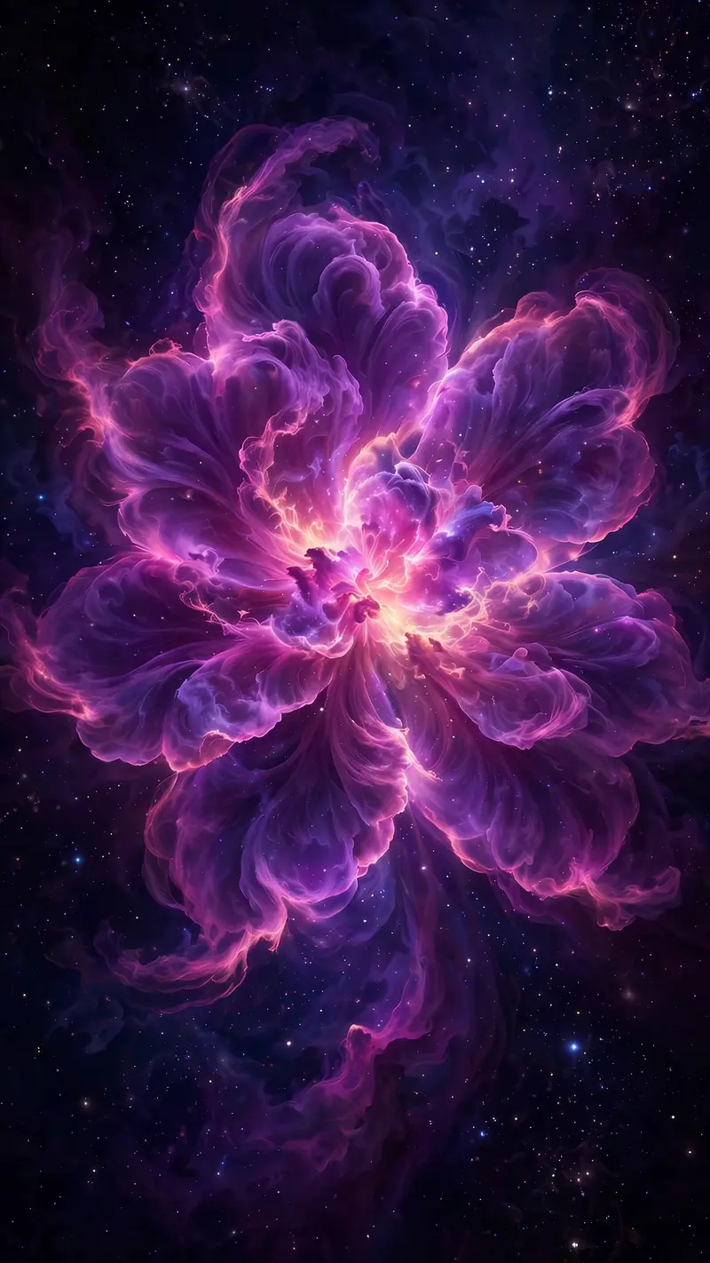A flower-shaped nebula of velvet purple and magenta gas blooms in deep space, stars scattered like dew, vertical 9:16 composition. Space digital