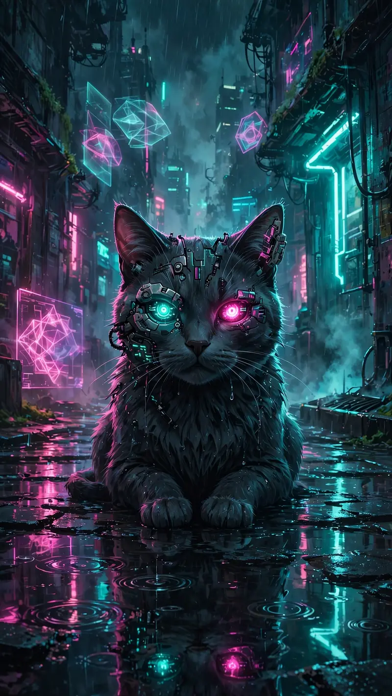 A cat with glowing cybernetic eyes sits in a rain-soaked neon alley, holographic signs reflecting in puddles, vertical 9:16 composition. Cyberpunk