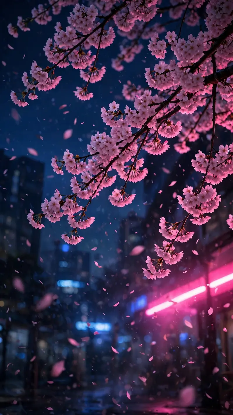 Cherry blossom branches lit by neon pink street glow at night, petals drifting through colored light, dark sky, vertical 9:16 composition. Night