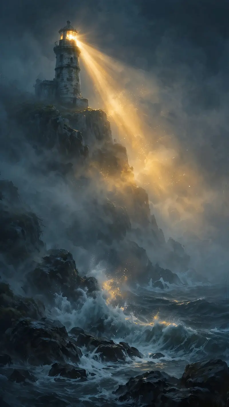 A lighthouse beam cuts through thick night fog, ghostly glow, waves crashing on dark rocks below, vertical 9:16 composition. Moody digital painting