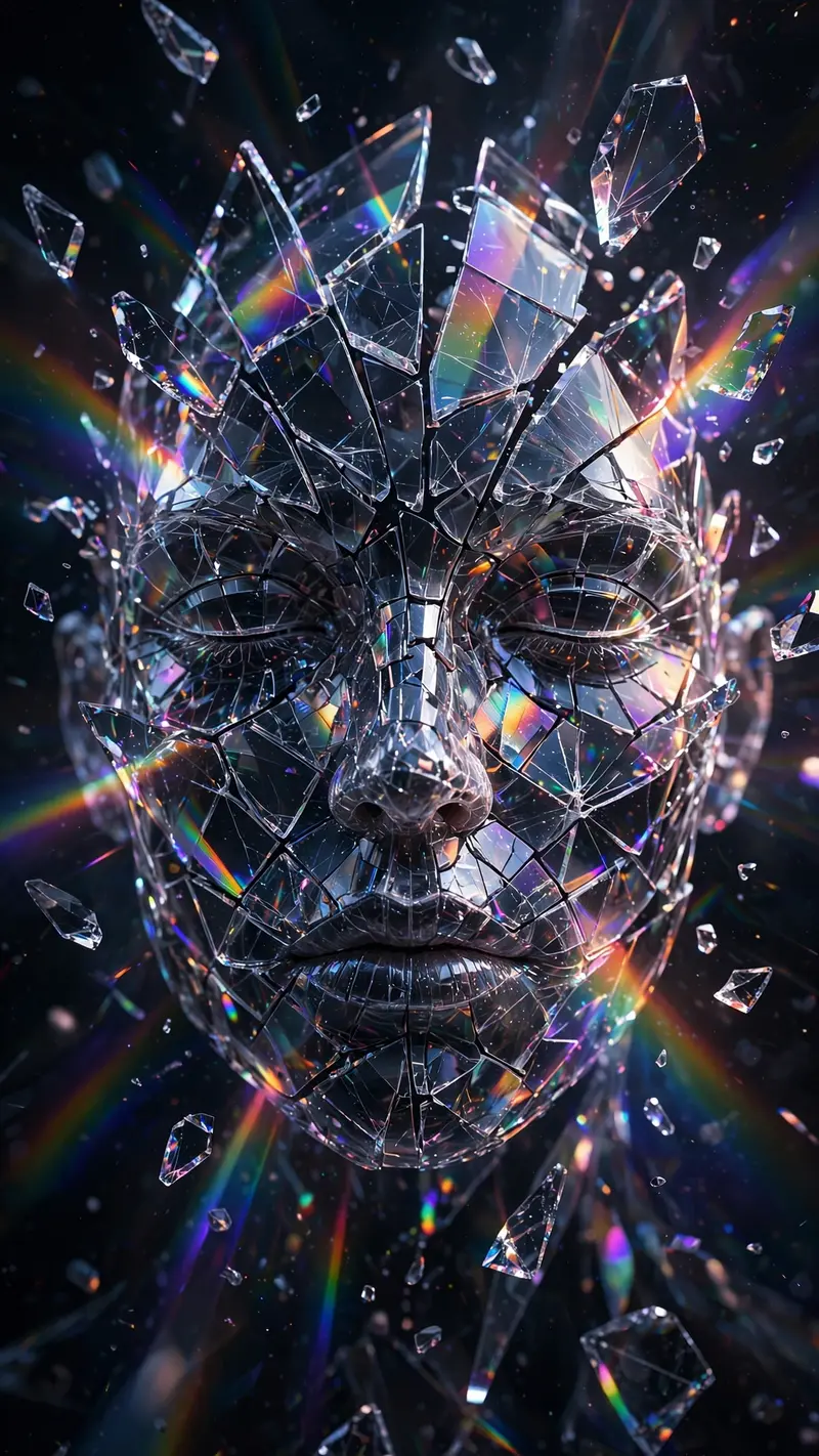 A face formed from shattered glass shards catching rainbow light, fragments floating in dark space, vertical 9:16 composition. Surreal 3D digital