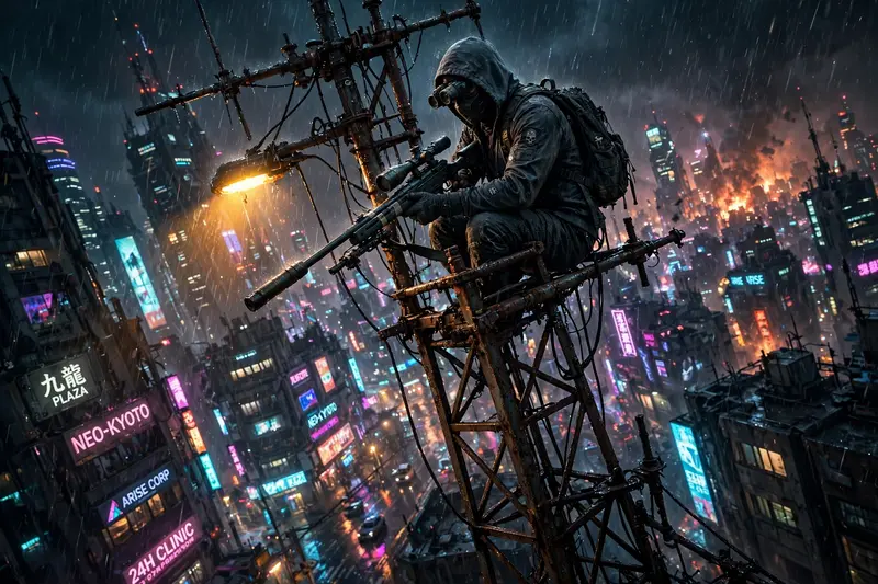 Moody gritty neo-noir cyberpunk style scene: a sniper perched on a rusted antenna, the city humming behind them. Cold sodium-vapor streetlight cut