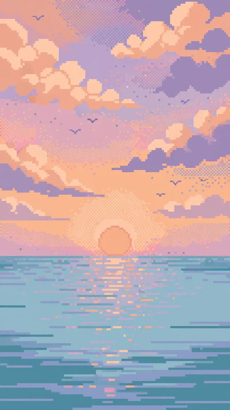 A pixel-art sunset over a calm sea, blocky clouds in peach and lavender, tiny pixel birds, vertical 9:16 composition. Retro pixel art, warm dithered
