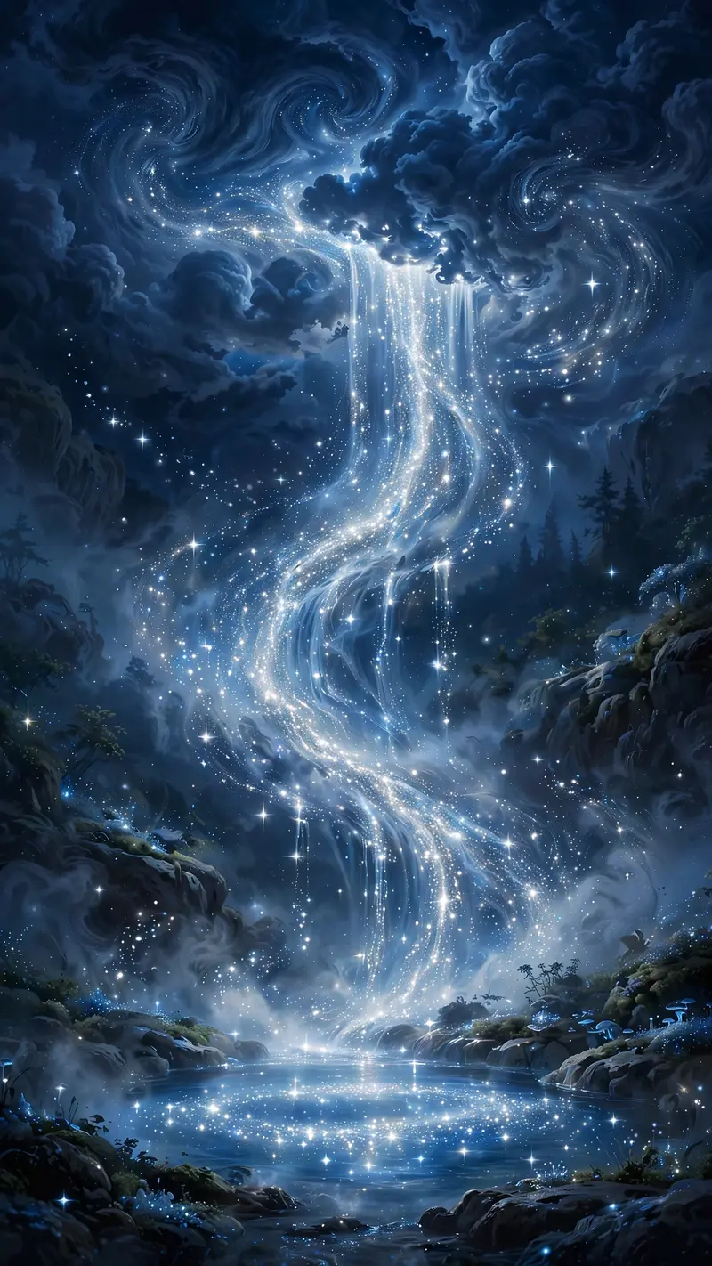 A waterfall of liquid stardust pours from night clouds into a glowing pool, mist sparkling, vertical 9:16 composition. Fantasy digital painting