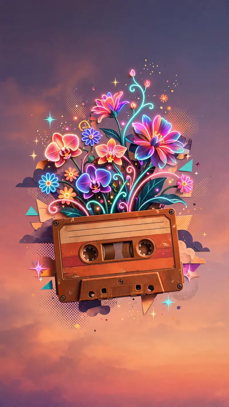 A retro cassette tape sprouts glowing neon flowers, floating on a gradient dusk background, vertical 9:16 composition. Synthwave collage art, neon