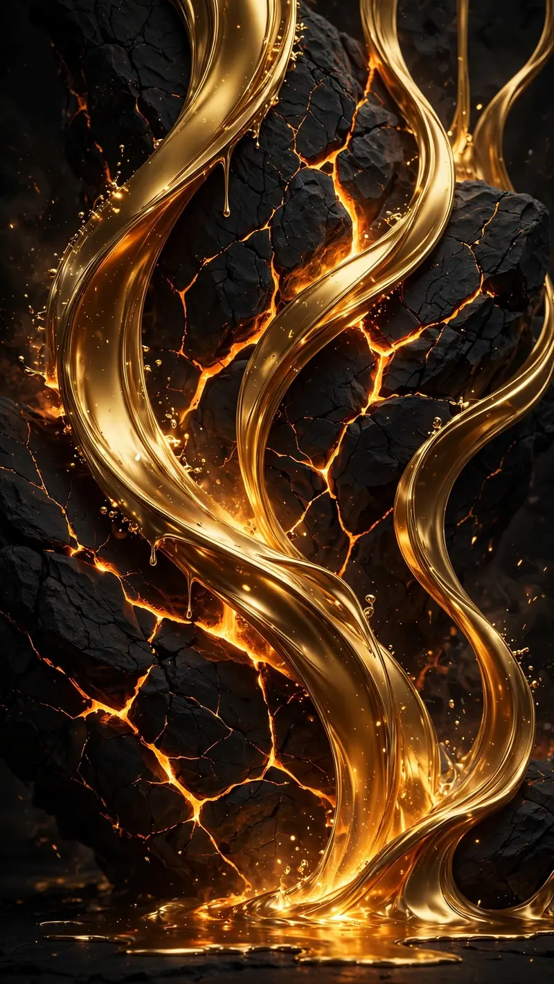Molten gold flows in slow abstract ribbons over black stone, glowing cracks, vertical 9:16 composition. Luxury 3D abstract render, incandescent