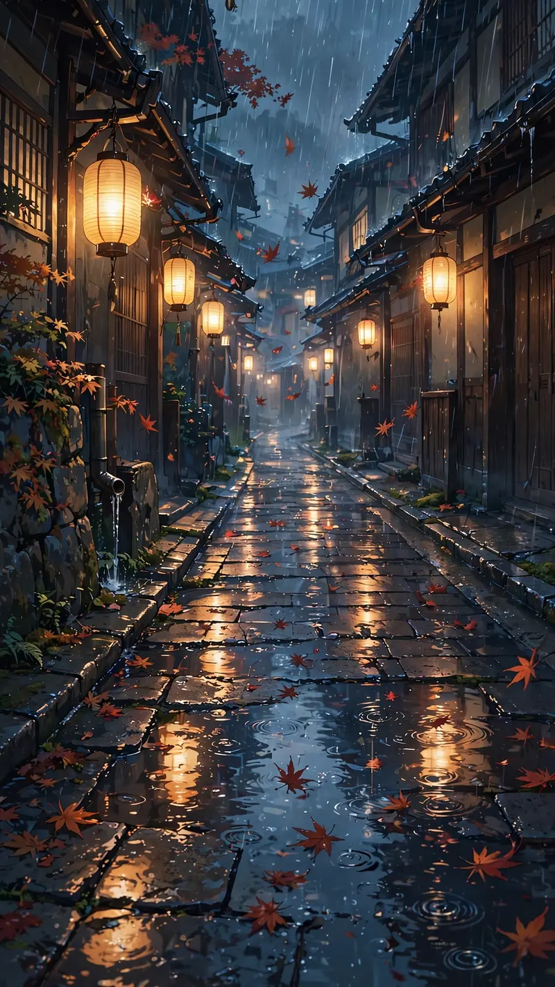 Rain falls on an empty Kyoto stone lane, glowing paper lanterns reflecting in puddles, maple leaves drifting, vertical 9:16 composition