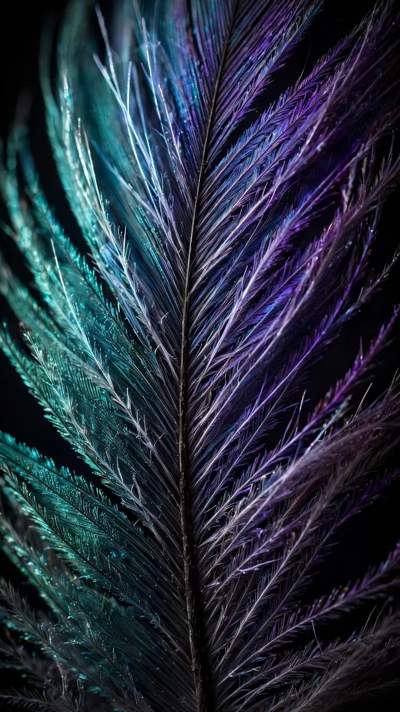 Extreme macro of an iridescent feather shifting teal to violet, barbs like fiber optics, dark background, vertical 9:16 composition. Macro