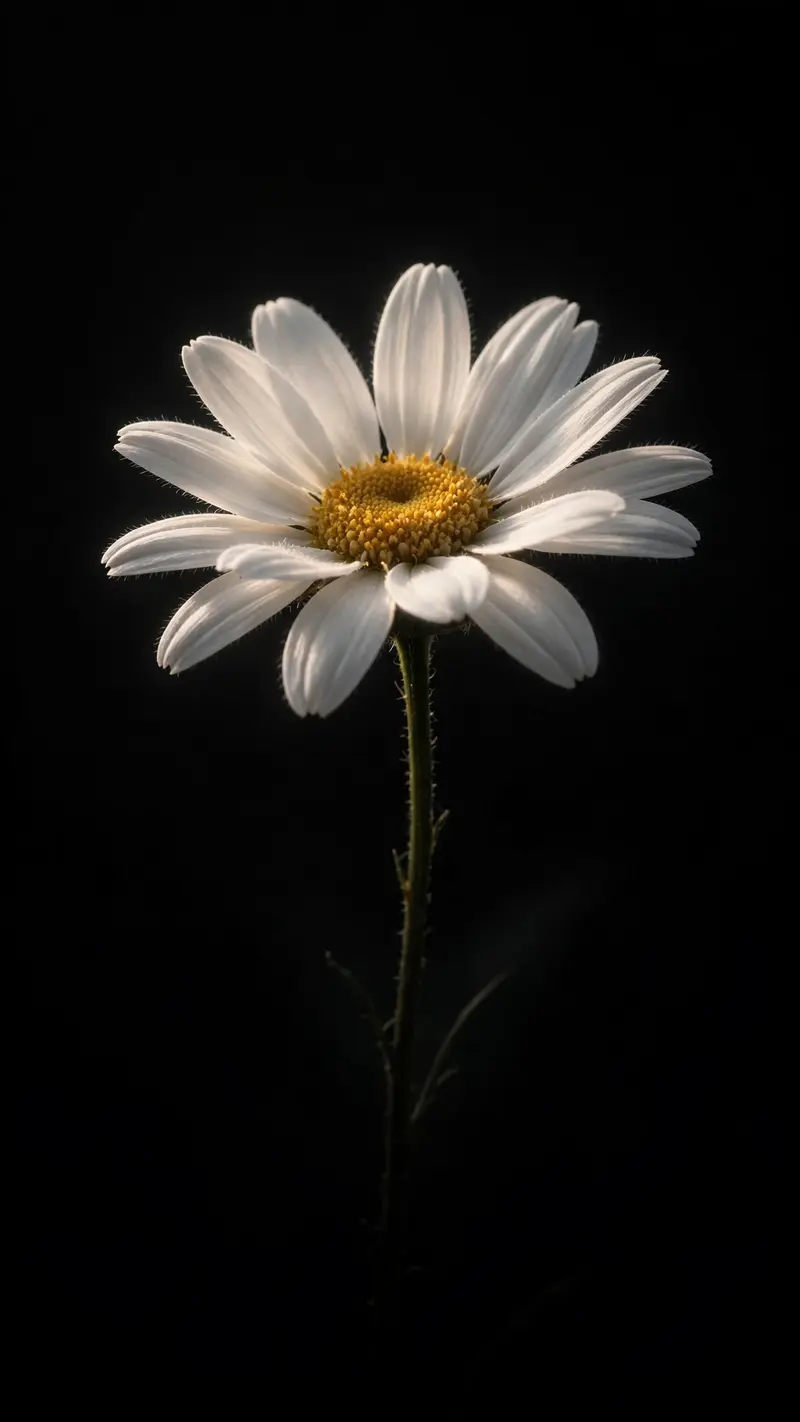 A single white daisy glows softly against pure black, petals detailed, stem fading to shadow, vertical 9:16 minimal composition. Dark botanical