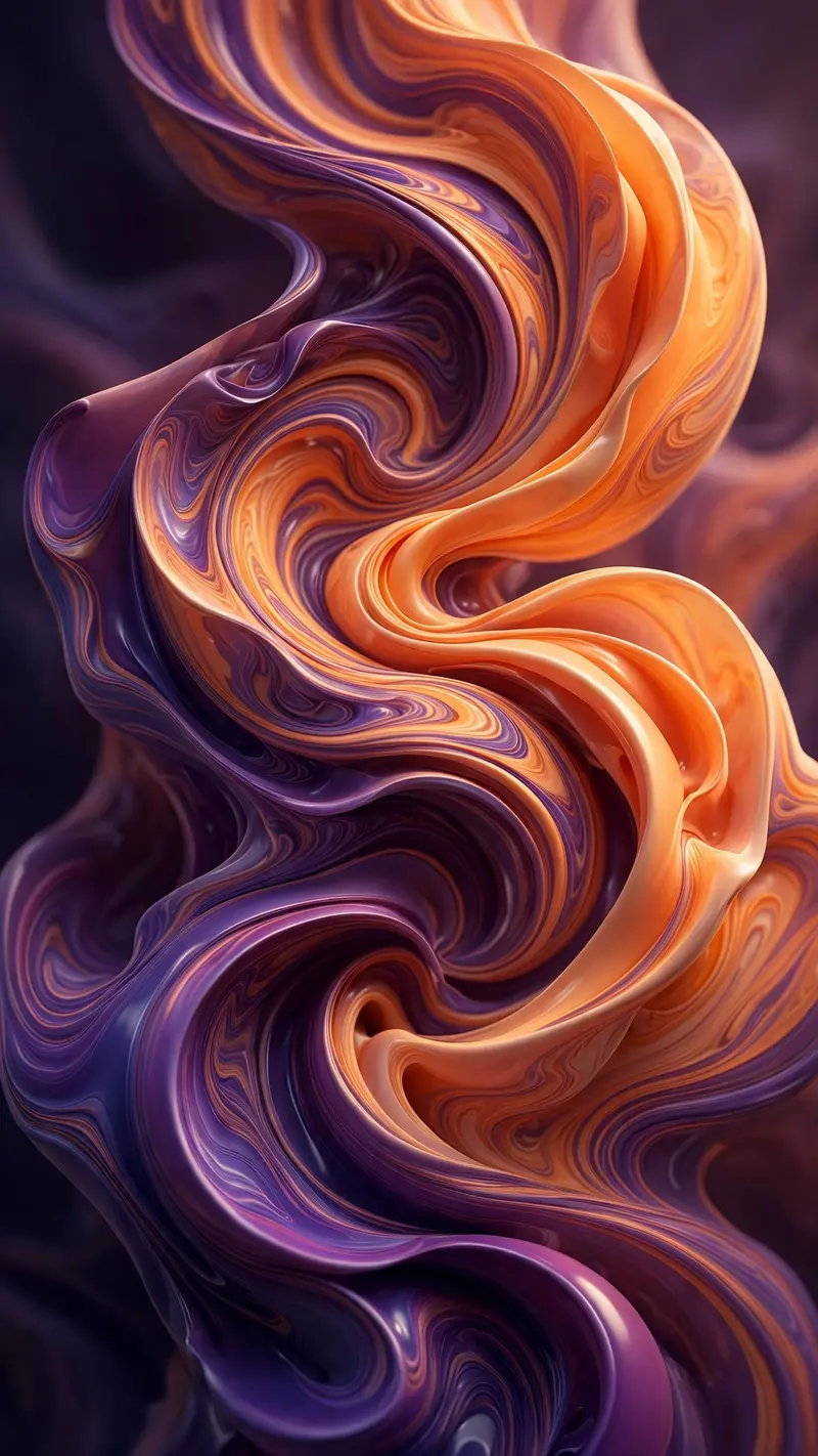 Swirling liquid marble in sunset oranges and deep purples, glossy fluid folds, vertical 9:16 abstract composition. 3D fluid render, soft studio