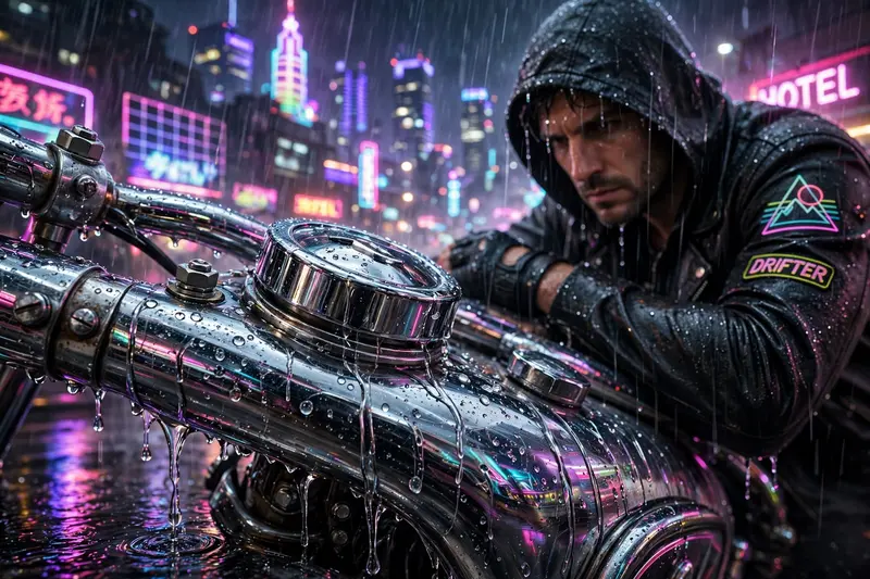 a neon drifter leaning on a vintage motorcycle rendered in retro-futurist synthwave art style, chrome glinting under the downpour. Rain-diffused neon