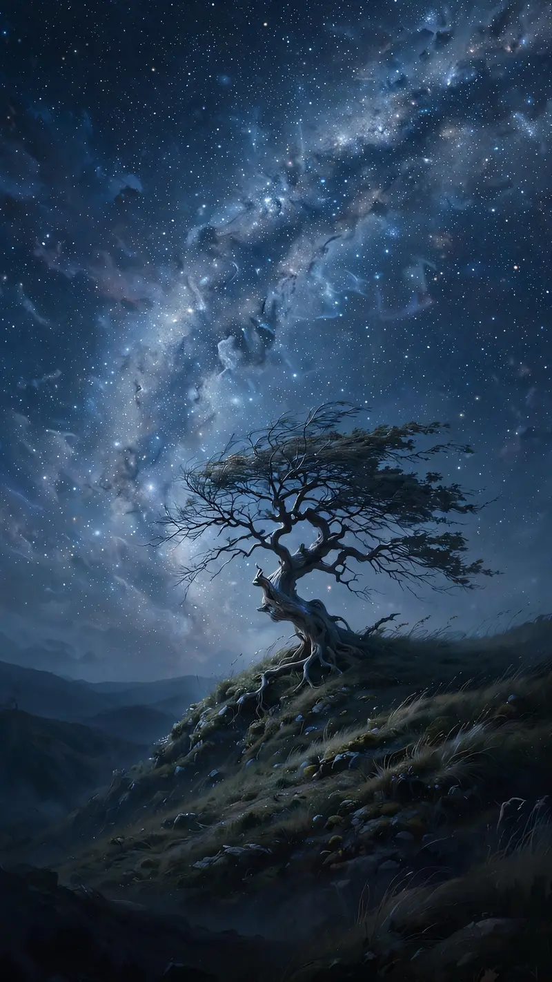 A lone windswept tree on a hill under a dense starfield, Milky Way arching overhead, vertical 9:16 composition. Nightscape digital painting