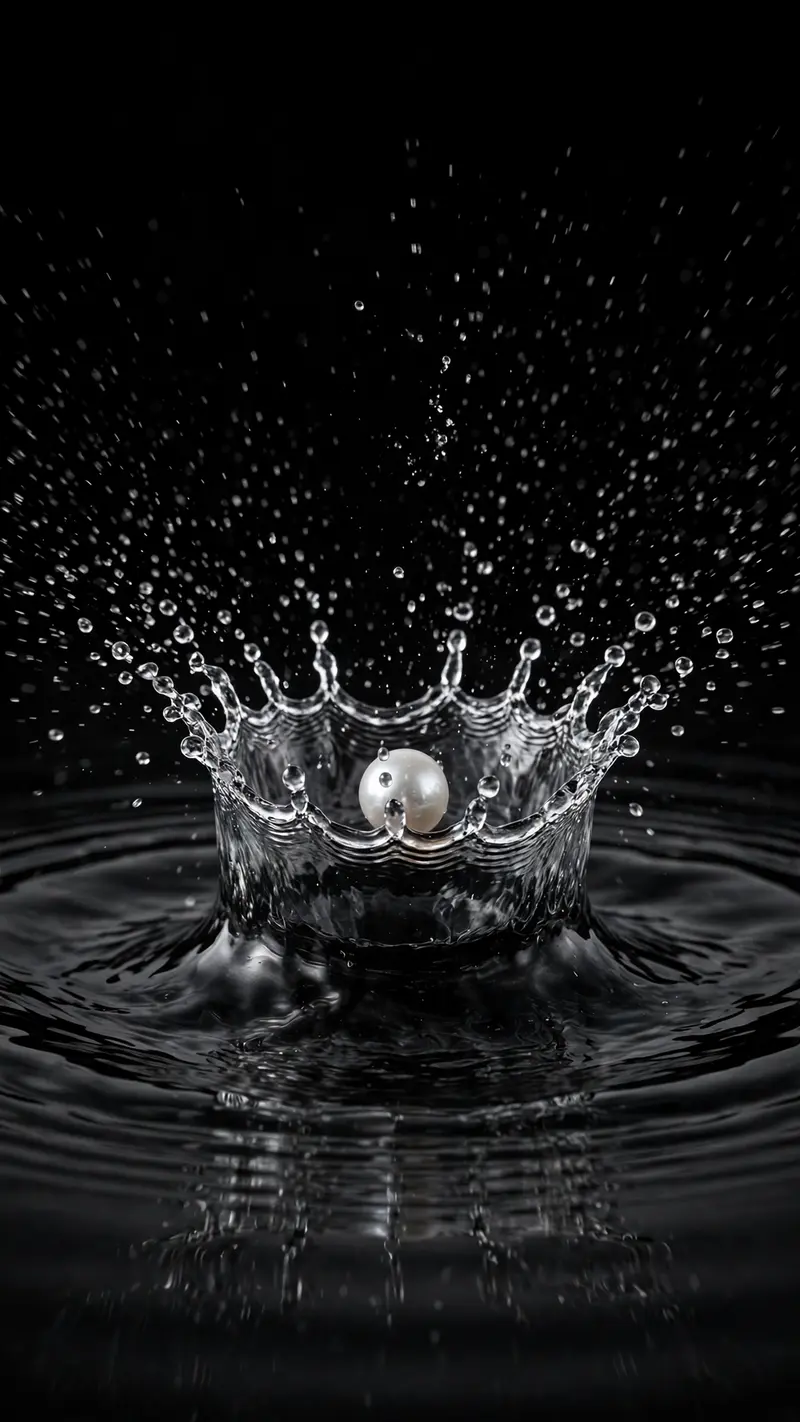 A single pearl drop hits black water, crown-shaped ripple frozen mid-splash, vertical 9:16 macro composition. High-speed macro photography, crisp