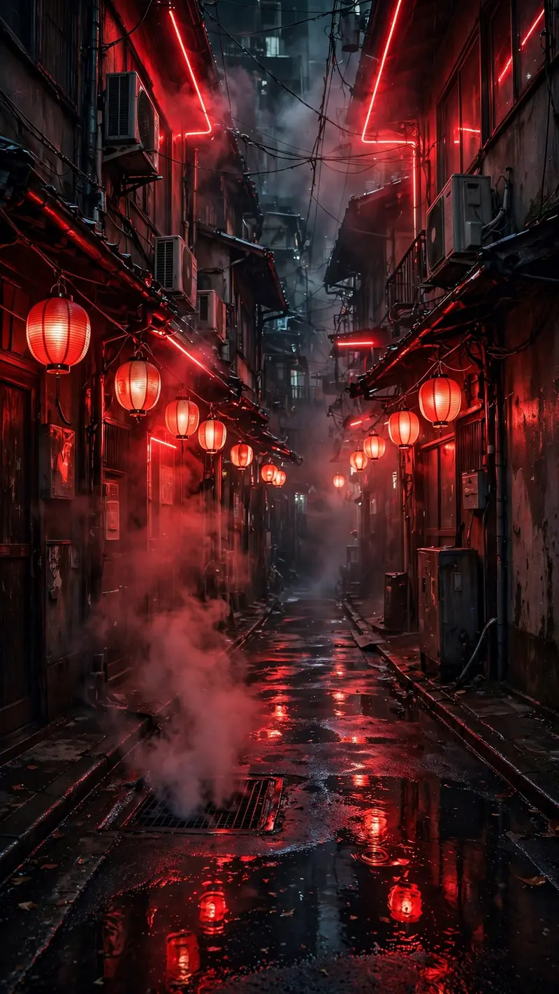 A narrow Tokyo alley drenched in crimson neon, steam rising, paper lanterns swaying, wet asphalt reflections, vertical 9:16 composition. Cyberpunk