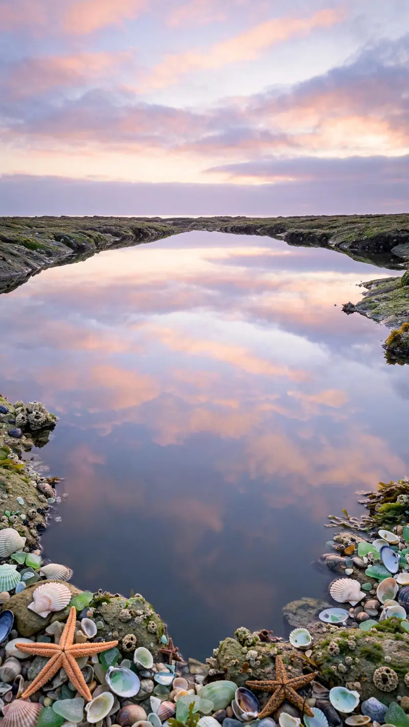 A tidal pool mirrors a pastel dawn sky perfectly, starfish and shells at the edges, vertical 9:16 composition. Nature photography style, soft dawn