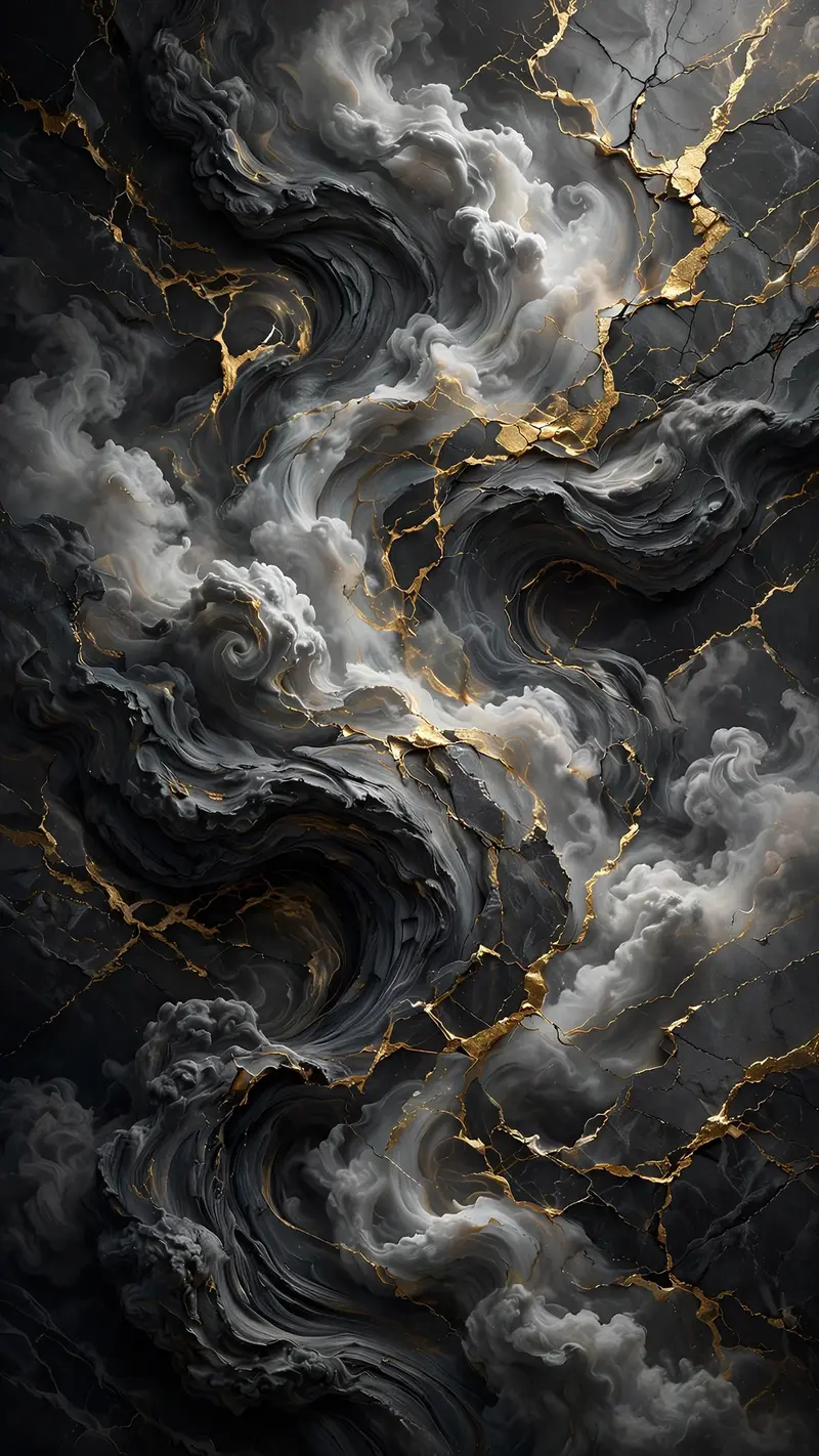 Dark marble swirls like a storm cloud in grays and white, gold veins crackling through, vertical 9:16 abstract composition. 3D texture render