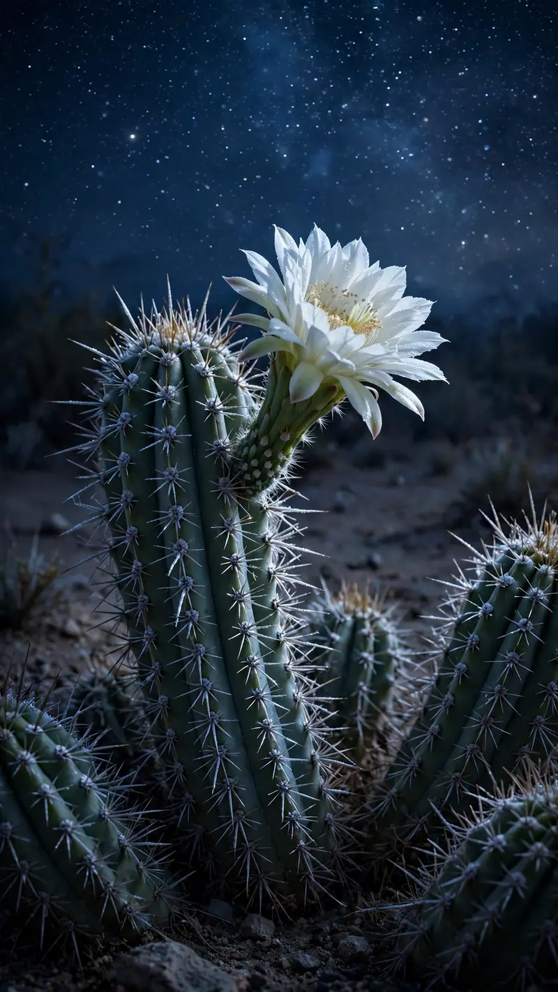 A cactus flower blooms white under moonlight in a dark desert, stars above, spines catching silver light, vertical 9:16 composition. Night botanical