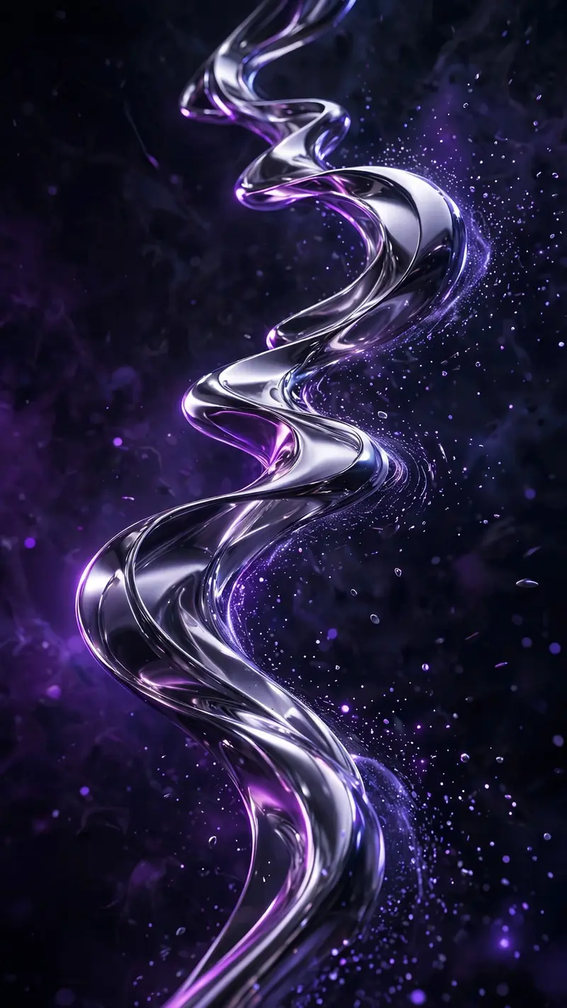 A 3D chrome waveform pulses through dark space, reflecting violet studio light, particles trailing, vertical 9:16 composition. Abstract 3D render