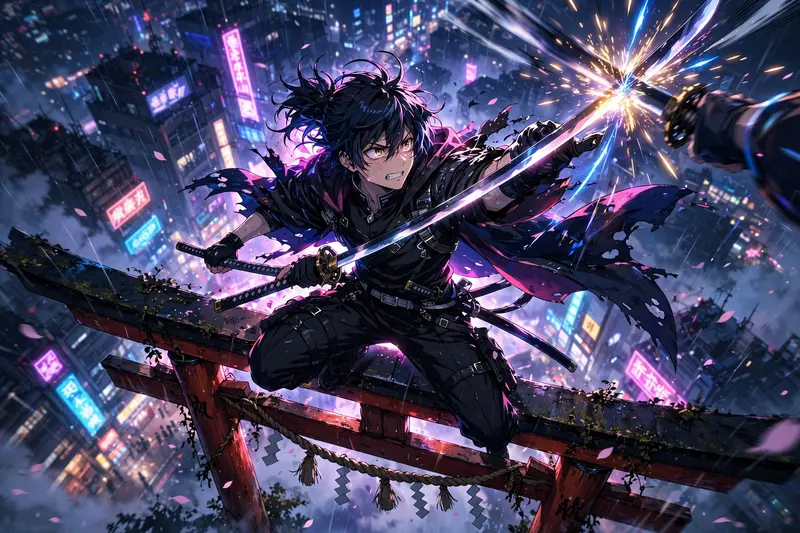 Cinematic anime still of a swordsman clashing blades on a torii gate in modern shonen anime style, caught at the peak of motion. Dramatic neon